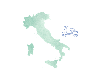 Eine Satelieten Karte von Italien in hell grün geueichnet und dazu eine Zeichnung von einer Vespa