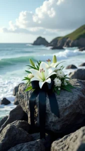 Eine weiße Lilie mit einem schwarzen Band auf einem großen Stein am Meer als Symbol für eine Seebestattung mit der Reederei Albrecht bei Magnolia Bestattungen