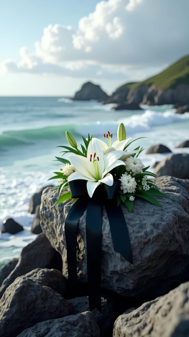Eine weiße Lilie mit einem schwarzen Band auf einem großen Stein am Meer als Symbol für eine Seebestattung mit der Reederei Albrecht bei Magnolia Bestattungen